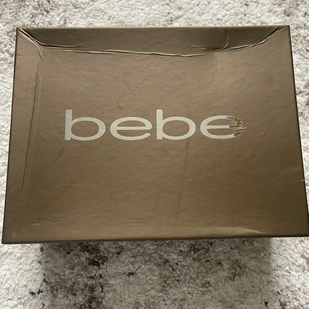 BEBE WEDGES! BRAND NEW!!! Metallic with Tan leather! Size: 6. Comes with Box!